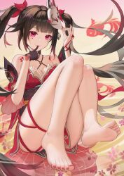 Rule 34 | 1girl, absurdres, barefoot, black hair, feet, finger to mouth, flag888, highres, honkai: star rail, honkai (series), long hair, looking at viewer, red eyes, smile, soles, sparkle (honkai: star rail), toes, twintails