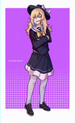 Rule 34 | 1girl, :d, alternate costume, black hat, black shirt, black skirt, blonde hair, blush, bow, bowtie, braid, brown footwear, casual, character name, chromatic aberration, commentary, contemporary, crossed arms, fang, full body, hair between eyes, hat, hat bow, highres, kiliko-san, kirisame marisa, kneehighs, loafers, long hair, long sleeves, looking at viewer, open mouth, sailor collar, shirt, shoes, single braid, skirt, skirt set, smile, socks, solo, standing, teeth, tongue, touhou, tsurime, upper teeth only, white bow, white sailor collar, white socks, yellow bow, yellow bowtie, yellow eyes