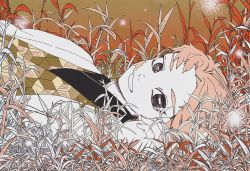 Rule 34 | 1boy, artist name, brown background, child, facial scar, gradient background, grass, hand up, haori, highres, hu (saimens), japanese clothes, kimetsu no yaiba, kimono, light particles, limited palette, long sleeves, looking at viewer, lying, male focus, on back, on ground, sabito (kimetsu), scar, scar on cheek, scar on face, sideways glance, smile, solo, upper body