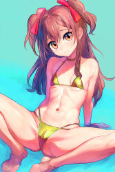 Rule 34 | 1girl, arms behind back, bare arms, bare shoulders, barefoot, bikini, breasts, brown hair, choker, cleavage, closed mouth, collarbone, gold bikini, gold choker, hair ribbon, head tilt, highres, long hair, navel, orange eyes, original, red ribbon, ribbon, small breasts, smile, solo, swimsuit, tsukiyono aroe, two side up, underboob