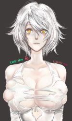 Rule 34 | 1girl, absurdres, artist name, bad id, bad pixiv id, breasts, bursting breasts, character name, cleavage, code vein, collarbone, commentary, copyright name, dress, english commentary, grey background, highres, huge breasts, io (code vein), ishiki (iiishiki), lactation, lactation through clothes, lips, looking at viewer, no bra, pale skin, portrait, short hair, silver hair, skindentation, solo, swept bangs, torn clothes, torn dress, underboob, veins, veiny breasts, white dress, yellow eyes