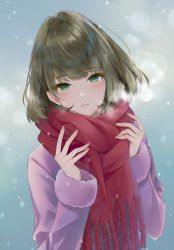 Rule 34 | 1girl, blue eyes, blush, brown hair, coat, fur-trimmed sleeves, fur trim, green eyes, highres, idolmaster, idolmaster cinderella girls, jewelry, long hair, long sleeves, looking at viewer, mole, mole under eye, outdoors, parted lips, purple coat, q-v (levia), red scarf, ring, scarf, smile, snowing, solo, sparkle, straight hair, takagaki kaede, upper body, winter clothes, winter coat