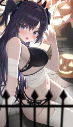 Rule 34 | 1girl, absurdres, bandaged arm, bandaged chest, bandaged leg, bandages, bare shoulders, bat bra, bat panties, black panties, blue archive, blue eyes, blurry, blurry foreground, blush, breasts, claw pose, commentary, cowboy shot, demon horns, depth of field, hair intakes, halloween, halloween costume, hidulume, highres, horns, jack-o&#039;-lantern, large breasts, long hair, looking at viewer, navel, open mouth, panties, pumpkin, purple hair, sarashi, solo, thighhighs, thighs, underwear, yuuka (blue archive)