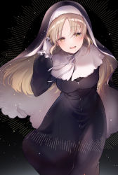 Rule 34 | 1girl, black background, black dress, blush, breasts, brown eyes, brown hair, dress, gloves, habit, highres, light brown hair, long hair, long sleeves, looking at viewer, nijisanji, nun, open mouth, ribbon, sister claire, sister claire (1st costume), smile, solo, traditional nun, virtual youtuber, white gloves, yukimiya yuge