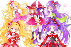 Rule 34 | 6+girls, asahina mirai, bad id, bad pixiv id, bear, black hat, black socks, blonde hair, bow, capelet, choker, cure magical, cure magical (ruby style), cure magical ruby style, cure miracle, cure miracle (ruby style), cure miracle ruby style, earrings, elbow gloves, gloves, hair bow, half updo, hat, hat bow, highres, izayoi liko, jewelry, kneehighs, long hair, looking at viewer, magical girl, mahou girls precure!, mini hat, mini witch hat, mofurun (mahou girls precure!), multiple girls, multiple persona, one eye closed, pink bow, pink skirt, plaid, plaid bow, ponytail, precure, purple eyes, red bow, red footwear, red hat, riko (mahou girls precure!), ruby style, shirt, shoes, short hair, skirt, smile, socks, standing, star (symbol), star earrings, striped, striped bow, tsukiyo (skymint), twintails, white gloves, white shirt, witch hat