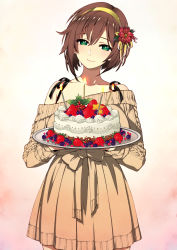 Rule 34 | 1girl, bad id, bad pixiv id, bare shoulders, black ribbon, blueberry, blush, bow, brown bow, brown dress, brown hair, cake, candle, closed mouth, collarbone, cowboy shot, cream, dress, fire, flower, food, fruit, gradient background, green eyes, hair flower, hair ornament, hair ribbon, hairband, head tilt, hige (hige2), highres, holding, holding tray, holly, lips, long sleeves, looking at viewer, multicolored background, off-shoulder dress, off shoulder, original, ribbed dress, ribbon, short hair, smile, solo, standing, star (symbol), strawberry, tray, yellow hairband, yellow ribbon