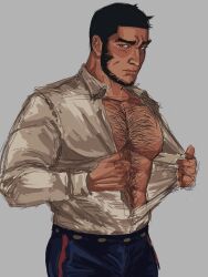 Rule 34 | 1boy, abs, bara, bare pectorals, beard, black hair, buzz cut, chest hair, collared shirt, cowboy hat, facial hair, golden kamuy, hairy, hat, highres, large pectorals, looking at viewer, male focus, mature male, midriff peek, muscular, muscular male, navel hair, nipples, open clothes, open shirt, pectorals, pyszvly, shirt, short hair, shy, sideburns, sketch, solo, tanigaki genjirou, thick eyebrows, undressing, very short hair