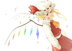 Rule 34 | 1girl, :&lt;, absurdres, adapted costume, ascot, backlighting, blonde hair, closed mouth, cowboy shot, dutch angle, flandre scarlet, frilled ascot, frilled shirt collar, frills, from side, gykleo, hat, hat ribbon, highres, long sleeves, medium hair, mob cap, multicolored wings, one side up, red eyes, red ribbon, red skirt, red vest, ribbon, ribbon-trimmed headwear, ribbon trim, shirt, skirt, skirt set, solo, touhou, vest, white hat, white shirt, wings, yellow ascot
