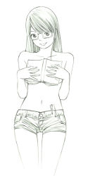 Rule 34 | 1girl, glasses, green theme, monochrome, original, short hair, sketch, solo, topless, traditional media, yoshitomi akihito