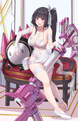 Rule 34 | 1girl, architect (girls&#039; frontline), arm strap, bare shoulders, belt, black hair, blush, breasts, cleavage, covered navel, fingerless gloves, full body, girls&#039; frontline, gloves, hair ornament, high heels, highres, large breasts, long hair, looking at viewer, parted lips, pink eyes, popoman, sangvis ferri, side ponytail, smile, solo, thigh strap, weapon, white belt, white footwear, white gloves