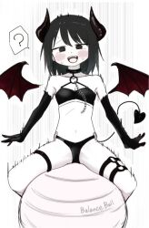 Rule 34 | 1girl, ?, ball, bikini, black bikini, breasts, choker, cleavage, commentary request, demon girl, demon horns, demon tail, demon wings, elbow gloves, exercise ball, gloves, greyscale, horns, monochrome, motion lines, o-ring, o-ring bikini, o-ring thigh strap, open mouth, original, sitting, small breasts, smile, solo, spoken question mark, spot color, sweat, swimsuit, tail, tawasiupa, thigh strap, wings