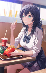 Rule 34 | 1girl, aqua eyes, black hair, blue cardigan, blush, booth seating, cardigan, cardigan around waist, clothes around waist, collared shirt, cup, disposable cup, drink, drinking straw, eating, fast food, food, french fries, grey skirt, grin, hair between eyes, hair ornament, hairclip, highres, holding, holding food, long hair, original, plaid, plaid skirt, pleated skirt, school uniform, shamakho, shirt, sitting, skirt, sleeves rolled up, smile, soda, solo, teeth, tray, white shirt