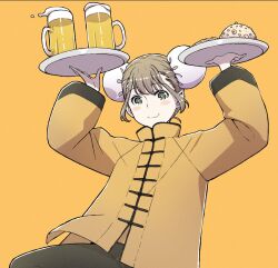 Rule 34 | 1girl, alcohol, beer, beer mug, blush stickers, bou (inubou), brown hair, bun cover, chinese clothes, commentary request, cup, double bun, food, fuu-chan (fuu-chan no ana), fuu-chan no ana, green eyes, hair bun, holding, holding tray, mug, smile, solo, tray, upper body