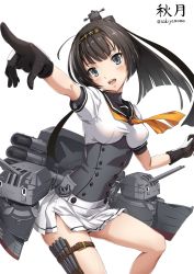 Rule 34 | 10s, 1girl, :d, akizuki (kancolle), artist name, black gloves, black legwear, blue eyes, blunt bangs, blush, breasts, buckle, cannon, chou-10cm-hou-chan, corset, foreshortening, gloves, headgear, holster, kantai collection, long hair, looking at viewer, machinery, neckerchief, open mouth, pleated skirt, pointing, ponytail, robot, round teeth, sakiyamama, shirt, short sleeves, side slit, simple background, skirt, smile, solo, teeth, thigh holster, thigh strap, thighs, torpedo, turret, underbust, white background, white shirt