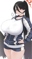 Rule 34 | 1girl, black hair, black wings, blue archive, blue jacket, blush, breasts, choker, closed mouth, feathered wings, gym shirt, gym uniform, hair between eyes, halo, hands on own hips, hasumi (blue archive), hasumi (track) (blue archive), high ponytail, highres, huge breasts, jacket, kemigawa mondo, long hair, long sleeves, looking at viewer, low wings, official alternate costume, original, ponytail, red eyes, shirt, solo, standing, thighs, very long hair, white shirt, wings
