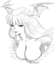 Rule 34 | 1girl, bare shoulders, breasts, cleavage, collarbone, commentary request, fujii eishun, greyscale, head wings, highres, large breasts, lips, long hair, looking at viewer, monochrome, morrigan aensland, parted lips, simple background, smile, solo, upper body, vampire (game), white background, wings