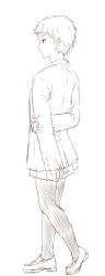 Rule 34 | 1girl, arms behind back, greyscale, hand on own arm, highres, jacket, long sleeves, monochrome, niwatazumi, original, pantyhose, pleated skirt, school uniform, shoes, short hair, sketch, skirt, sleeves past wrists, solo, white background