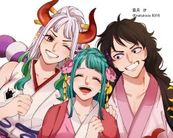 Rule 34 | 1boy, 2girls, aqua hair, artist name, black eyes, black hair, blush, brother and sister, clenched hand, closed eyes, commentary request, earrings, flower, green hair, hair flower, hair ornament, hair stick, highres, hoop earrings, horns, japanese clothes, jewelry, kimono, kouzuki hiyori, long hair, momonosuke (one piece), multicolored hair, multiple boys, multiple girls, natsuki shio, one eye closed, one piece, oni, pink flower, ponytail, rope, shimenawa, siblings, simple background, teeth, white background, white hair, yamato (one piece)
