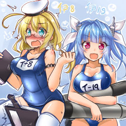Rule 34 | 10s, 2girls, :3, :d, aqua eyes, blonde hair, blue hair, blunt bangs, blush, breasts, fang, glasses, hat, i-19 (kancolle), i-8 (kancolle), kantai collection, large breasts, looking at viewer, multiple girls, okitakung, one-piece swimsuit, open mouth, purple eyes, school swimsuit, smile, swimsuit, thighhighs, wavy mouth