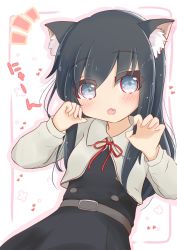 Rule 34 | 1girl, :o, animal ear fluff, animal ears, asashio (kancolle), asashio kai ni (kancolle), black dress, black hair, blue eyes, blush, cat ears, claw pose, commentary request, dress, eyes visible through hair, fang, grey jacket, hair over one eye, hands up, heart, highres, jacket, kantai collection, long hair, long sleeves, neck ribbon, notice lines, open mouth, red ribbon, ribbon, ridy (ri sui), solo, translation request, white background