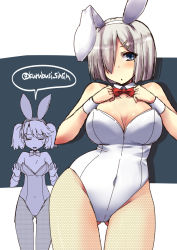 Rule 34 | 10s, 2girls, animal ears, bare shoulders, blue eyes, bow, bowtie, breast envy, breasts, cleavage, detached collar, fake animal ears, fishnet pantyhose, fishnets, flat chest, hair ornament, hair over one eye, hairclip, hamakaze (kancolle), kantai collection, leotard, long hair, multiple girls, open mouth, pantyhose, playboy bunny, rabbit ears, ryuujou (kancolle), shinshin, short hair, silver hair, sweatdrop, twintails, wrist cuffs