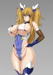 Rule 34 | 1girl, blonde hair, blue eyes, blue leotard, breasts, covered navel, curvy, hand on own hip, highleg, highleg leotard, highres, huge breasts, leotard, long hair, looking at viewer, nado.e, onizaki kirara, revealing clothes, shiny skin, simple background, smile, solo, taimanin (series), taimanin rpgx, taimanin suit, thong leotard, twintails, very long hair, wide hips