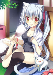 Rule 34 | 1girl, :3, :d, :p, animal ears, bad id, bad pixiv id, bell, black thighhighs, breasts, cat, cat ears, cat tail, cleavage, collar, grey hair, hand fan, highres, long hair, masushita, neck bell, one-piece swimsuit, open clothes, open mouth, open shirt, original, paper fan, red eyes, school swimsuit, shirt, single thighhigh, skirt, smile, sweat, swimsuit, swimsuit under clothes, tail, thighhighs, tongue, tongue out, uchiwa, unworn skirt