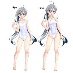Rule 34 | 2girls, absurdres, age progression, ahoge, bare shoulders, barefoot, breasts, collarbone, commentary request, comparison, competition swimsuit, covered navel, dual persona, flat chest, full body, grey eyes, grey hair, groin, hair between eyes, hair ribbon, highleg, highleg swimsuit, highres, kantai collection, kiyoshimo (kancolle), kiyoshimo kai ni (kancolle), long hair, looking at viewer, low twintails, multiple girls, new school swimsuit, one-piece swimsuit, open mouth, ribbon, round teeth, school swimsuit, small breasts, standing, swimsuit, takafumi, teeth, twintails, upper teeth only, v-shaped eyebrows, variant set, very long hair, white one-piece swimsuit