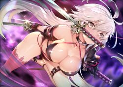 Rule 34 | 1girl, ahoge, bare shoulders, bikini, black bikini, blush, breasts, choker, cleavage, collarbone, cropped jacket, fate/grand order, fate (series), full body, hair between eyes, holding, holding weapon, jeanne d&#039;arc alter (swimsuit berserker) (fate), jeanne d&#039;arc (fate), jeanne d&#039;arc alter (fate), jeanne d&#039;arc alter (swimsuit berserker) (fate), katana, large breasts, lips, long hair, long sleeves, looking at viewer, mouth hold, o-ring, parted lips, red thighhighs, shiny skin, sidelocks, single thighhigh, solo, swimsuit, sword, teddy (khanshin), thighhighs, thighs, unsheathed, weapon, yellow eyes