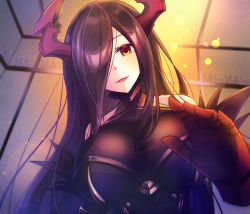 Rule 34 | 1girl, absurdres, artist request, azur lane, bare shoulders, black hair, blush, breasts, commentary request, friedrich der grosse (azur lane), gloves, hair over one eye, head tilt, highres, horns, lap pov, large breasts, long hair, looking at viewer, open mouth, red gloves, red horns, smile, solo, very long hair, yellow eyes