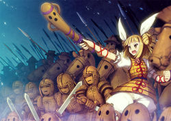 Rule 34 | 1girl, armor, armored dress, army, baggy pants, blonde hair, blunt bangs, chima q, clenched hand, commentary request, cowboy shot, double bun, dress, hair bun, hair ribbon, haniwa (statue), highres, holding, holding sword, holding weapon, joutouguu mayumi, night, night sky, open mouth, outdoors, pants, polearm, ribbon, shirt, short hair, sidelocks, sky, spear, standing, statue, sword, touhou, v-shaped eyebrows, vambraces, weapon, white pants, white ribbon, white shirt, yellow dress, yellow eyes