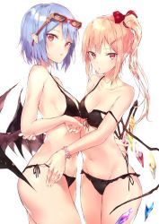 Rule 34 | 2girls, asymmetrical docking, bare arms, bare shoulders, bat wings, bikini, black bikini, blonde hair, blue hair, blush, breast press, breasts, cleavage, collarbone, commentary request, cowboy shot, crystal, eyewear on head, flandre scarlet, from side, groin, hair ornament, hairclip, long hair, looking at viewer, medium breasts, multiple girls, navel, no headwear, one side up, parted lips, pointy ears, red-framed eyewear, red eyes, remilia scarlet, sakusyo, short hair, siblings, side-tie bikini bottom, sidelocks, simple background, sisters, standing, stomach, strap slip, sunglasses, swimsuit, thighs, touhou, white background, wings