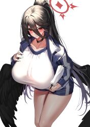 Rule 34 | 1girl, absurdres, black choker, black hair, black wings, blue archive, blue jacket, blue shorts, breasts, choker, collarbone, commentary, feathered wings, feet out of frame, gym shirt, hair between eyes, halo, hasumi (blue archive), hasumi (track) (blue archive), highres, holding, holding notepad, huge breasts, jacket, looking at viewer, mole, mole under eye, notepad, official alternate costume, ponytail, red eyes, shirt, shorts, simple background, solo, white background, wings, yamanokami eaka