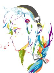 Rule 34 | 1girl, bow, braid, colorful, copyright request, flower, hair bow, hair ornament, hairclip, headphones, koyuko (uco), musical note, profile, rose, solo, ucocco