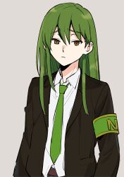 Rule 34 | 1boy, armband, black jacket, brown eyes, closed mouth, collared shirt, commentary request, eyebrow cut, green armband, green hair, green necktie, grey background, jacket, lobotomy corporation, long hair, long sleeves, looking at viewer, male focus, medu (rubish), necktie, netzach (project moon), open clothes, open jacket, project moon, shirt, simple background, solo, upper body, white shirt