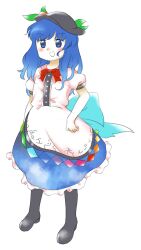 Rule 34 | 1girl, :d, blue eyes, blue hair, blue skirt, boots, bow, bowtie, flat chest, fruit hat ornament, full body, grey footwear, grey hat, hat, hinanawi tenshi, legs apart, long hair, nonamejd, official style, open mouth, peach hat ornament, puffy short sleeves, puffy sleeves, red bow, red bowtie, shirt, short sleeves, simple background, skirt, smile, solo, standing, touhou, white background, white shirt, zun (style)