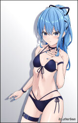 Rule 34 | 1girl, :t, absurdres, bikini, black bikini, black choker, blue eyes, blue hair, blue nails, bracelet, breasts, choker, collarbone, hair ribbon, hand up, high ponytail, highres, hololive, hoshimachi suisei, jewelry, looking at viewer, navel, official alternate hairstyle, pout, ribbon, small breasts, solo, star (symbol), star in eye, sterben (sterben dead), stomach, swimsuit, symbol in eye, thigh strap, virtual youtuber