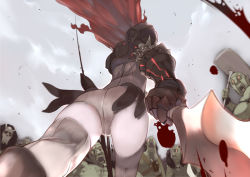 Rule 34 | 1girl, armor, ass, battle, blood, cape, club (weapon), colored skin, fantasy, from below, glowing, green skin, holding, holding sword, holding weapon, mallet, motion blur, orc, original, solo focus, sword, thighhighs, utu (wakon), weapon, white thighhighs
