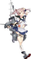 Rule 34 | 10s, 1girl, ;d, adapted costume, anchor, apron, arm up, badge, blue skirt, drew (drew213g), frilled skirt, frills, full body, gun, hair bobbles, hair ornament, holding, holding gun, holding weapon, kantai collection, kneehighs, looking at viewer, machinery, navel, official art, one eye closed, open mouth, pet, pink eyes, pink hair, puffy short sleeves, puffy sleeves, rabbit, sailor collar, sazanami (kancolle), sazanami kai (kancolle), school uniform, serafuku, short hair, short sleeves, skirt, smile, socks, solo, transparent background, turret, twintails, w, waist apron, weapon, white socks, wrist cuffs