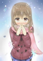 Rule 34 | 1girl, black pantyhose, blush, brown eyes, brown hair, coat, gradient background, highres, looking at viewer, original, pantyhose, pink scarf, pleated skirt, scarf, skirt, snowflakes, solo, winter clothes, winter coat, yamanashi