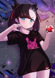 Rule 34 | 1girl, alternate costume, blush, character print, closed mouth, collarbone, commentary request, cowboy shot, creatures (company), earrings, eyelashes, game freak, gen 1 pokemon, graffiti, green eyes, hands up, highres, holding, holding poke ball, jewelry, kutabireta neko, looking at viewer, marnie (pokemon), nintendo, pikachu, poke ball, poke ball (basic), pokemon, pokemon swsh, shirt, short sleeves, solo, t-shirt, twintails
