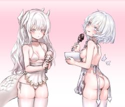 Rule 34 | 2girls, :q, apron, ass, bare shoulders, blush, breasts, chocolate, chocolate making, choker, collarbone, cooking, dragon girl, dragon horns, dragon tail, food, gradient background, grey hair, heart pasties, highres, holding, holding whisk, horns, licking lips, long hair, looking at viewer, medium breasts, mixing bowl, multiple girls, naked apron, original, panties, pasties, pink background, saint uvuv, short hair, side-tie panties, small breasts, string panties, tail, thighhighs, thighs, tongue, tongue out, underwear, valentine, whisk, white hair, white thighhighs