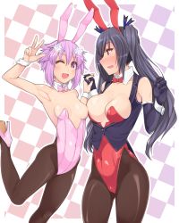 Rule 34 | 10s, 2girls, alternate costume, animal ears, black gloves, black hair, black legwear, blush, bow, bowtie, breasts, cleavage, cowboy shot, d-pad, detached collar, dura, elbow gloves, fake animal ears, female focus, gloves, hair ornament, height difference, high heels, highleg, highleg leotard, highres, holding hands, leotard, long hair, medium breasts, multiple girls, neptune (neptunia), neptune (series), noire (neptunia), one eye closed, pantyhose, pink bow, pink bowtie, pink footwear, pink heels, pink leotard, playboy bunny, rabbit ears, red bow, red bowtie, red eyes, red leotard, shoes, short hair, small breasts, standing, twintails, vest, wrist cuffs, yuri