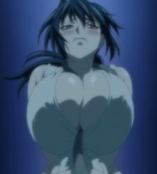 Rule 34 | 1girl, bare shoulders, between breasts, blue hair, blush, breast expansion, breasts, bursting breasts, female focus, highres, hoods entertainment, huge breasts, long hair, manyuu chifusa, manyuu hikenchou, rope, screencap, solo, stitched, takagi jun, third-party edit, underwater, upper body