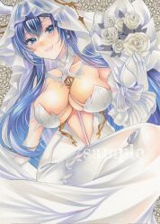 Rule 34 | 1girl, animal ears, azur lane, blue eyes, blue hair, bouquet, breasts, bridal veil, dress, fake animal ears, flower, gloves, highres, large breasts, looking at viewer, mitumame666, new jersey (azur lane), new jersey (snow-white ceremony) (azur lane), official alternate costume, open mouth, rose, solo, traditional media, veil, wedding dress, white dress, white flower, white gloves, white rose