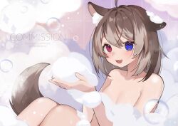 Rule 34 | 1girl, :d, animal ear fluff, animal ears, atori (piscis), blue eyes, breasts, brown hair, commission, dog ears, dog girl, dog tail, hasuki rui, heterochromia, highres, indie virtual youtuber, light brown hair, medium hair, nude, open mouth, red eyes, skeb commission, small breasts, smile, soap bubbles, tail, unaligned ears, virtual youtuber