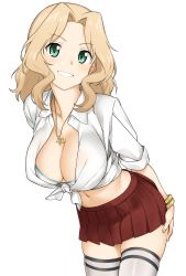 Rule 34 | 1girl, bikini, bikini top only, bikini under clothes, black thighhighs, blonde hair, blush, bracelet, breasts, cleavage, collarbone, collared shirt, emblem, front-tie top, girls und panzer, green eyes, grin, hatakenaka (kamagabuchi), highres, jewelry, kay (girls und panzer), large breasts, leaning forward, long hair, looking at viewer, midriff, navel, necklace, parted bangs, pleated skirt, red skirt, saunders (emblem), shirt, simple background, skindentation, skirt, sleeves rolled up, smile, solo, star (symbol), swimsuit, thighhighs, tied shirt, white background, white shirt, white thighhighs