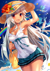 Rule 34 | 1girl, armpits, blouse, breasts, cleavage, craytm, dark-skinned female, dark skin, granblue fantasy, highres, long hair, looking at viewer, shirt, solo, striped clothes, striped headwear, white shirt, zooey (granblue fantasy)