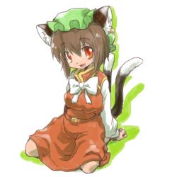 Rule 34 | 1girl, :d, animal ear fluff, animal ear piercing, animal ears, arm support, bow, bowtie, breasts, brown hair, cat ears, cat tail, chen, colored shadow, commentary request, drop shadow, earrings, fang, full body, gold trim, green hat, hair between eyes, hat, jewelry, looking at viewer, medium breasts, mob cap, multiple tails, nekomata, open mouth, raino, red eyes, red skirt, red vest, shadow, short hair, simple background, single earring, sitting, skirt, skirt set, smile, solo, tail, touhou, two tails, vest, wariza, white background, white bow, white bowtie