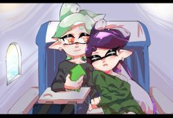 Rule 34 | + +, 2girls, airplane interior, black hair, black shirt, blue pants, blush, brown eyes, callie (splatoon), cellphone, chair, chinese commentary, closed eyes, commentary request, cousins, dress, earrings, gradient hair, green dress, green hair, grey hair, highres, holding, holding hands, holding phone, inkling, jewelry, leaning on person, leaning to the side, light blush, long hair, long sleeves, looking at another, madaga (animaofmoon), marie (splatoon), mask, mole, mole under eye, multicolored hair, multiple girls, nintendo, off shoulder, open mouth, pants, phone, pointy ears, purple hair, shirt, short hair, sitting, sleeping, smartphone, smile, sweater, sweater dress, tentacle hair, very long hair, white shirt, window, yuri